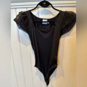 POLLY Ladies Women’s Girls Size 4 Small Black Bodysuit Top Sheer Cap Sleeves